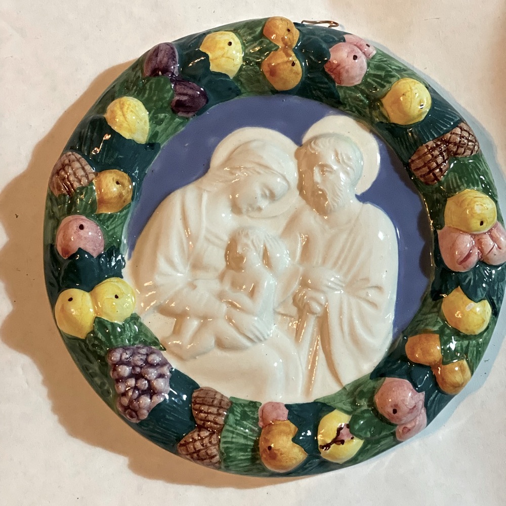 Vintage Hand Painted Pottery Holy Family Wall Plaque, Della Robbia Style